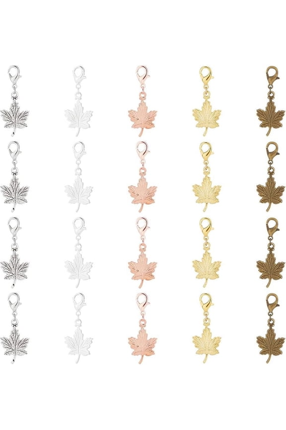 20pcs Maple Leaf Alloy Pendants Decorations Set Alloy Lobster Clasp Charms Clip-on Charm for Keychain Purse Backpack Ornament 35mm 5 colors 4pcs/color 20pcs