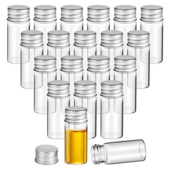20pcs Mini Clear Glass Sample Bottles with Aluminium Dispenser , Small Empty 10ml Lidded Vials for Storage and Craft