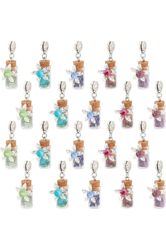 20pcs Mini Glass Bottle Pendants Mixed Gemstone Bottle Charms Glass Beads Filling Pendants European Dangle Charms Glass Jewelry Making