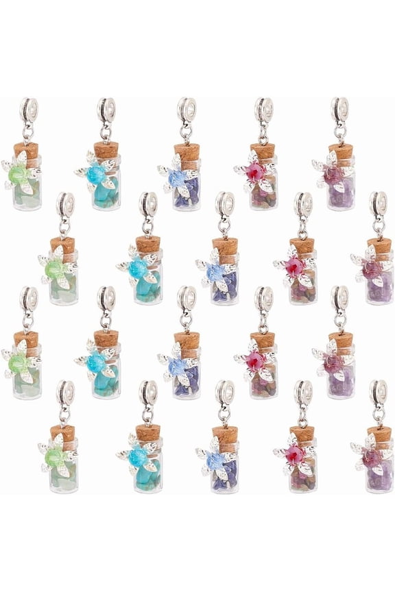 20pcs Mini Glass Bottle Pendants Mixed Gemstone Bottle Charms Glass Beads Filling Pendants European Dangle Charms Glass Wishing Bottles with Cork Stopper for Keychain Jewelry Making