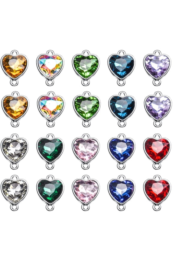 20pcs Mixed Colors Heart Crystal Birthstone Charms Glass Gemstone Pendants Flat Round Glass Links Charms with Double Loop Bail Connectors for Jewelry Making