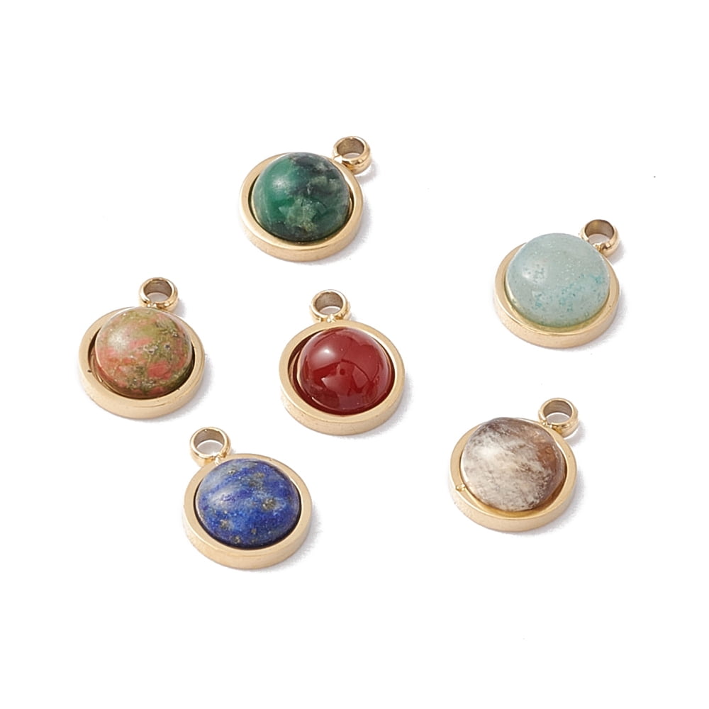 20pcs Mixed Stone with Ion Plating(IP) golden 304 Stainless Steel Findings Half Round 7.5x5.5x3mm Hole: 1mm