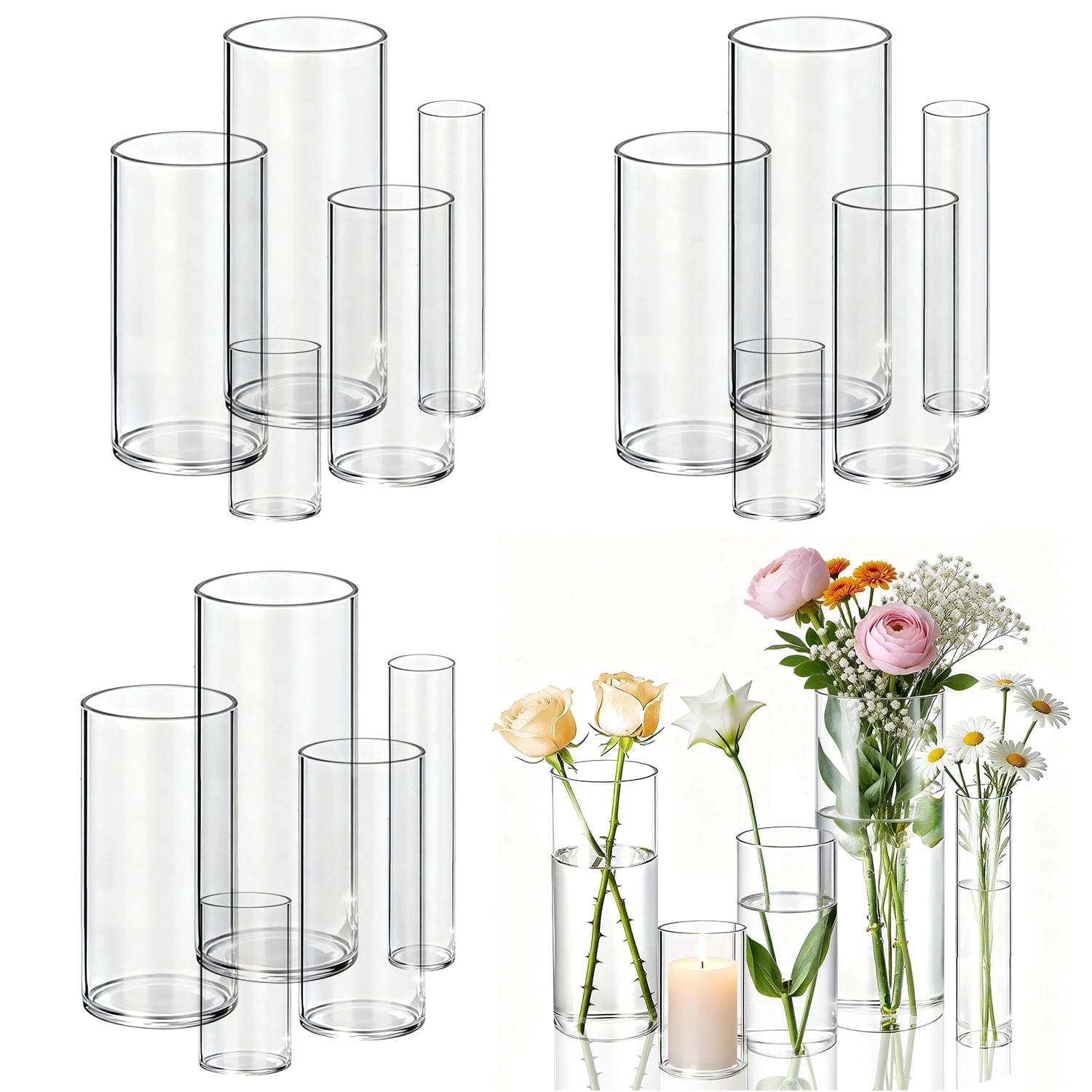 20pcs Modern Glass Cylinder Vase, Mibote Floral Vase for Home Decor, Wedding Party Decor with Wide Mouth