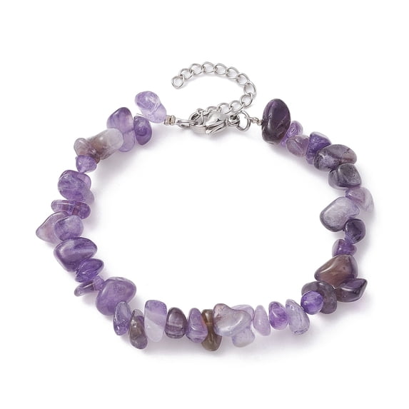 20pcs Natural Amethyst Chips Beaded Bracelet with 304 Stainless Steel Clasps 7-1/4 inch(18.5cm)