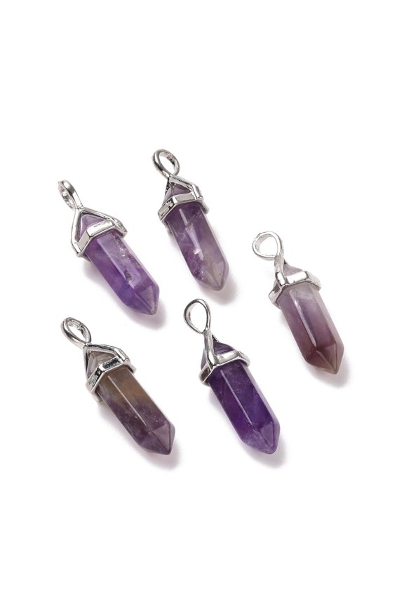 20pcs Natural Amethyst Pointed Pendants Faceted with Platinum Tone Brass Findings Lead free & Cadmium Free 27~30x9~10x7~8mm Hole: 4x3mm