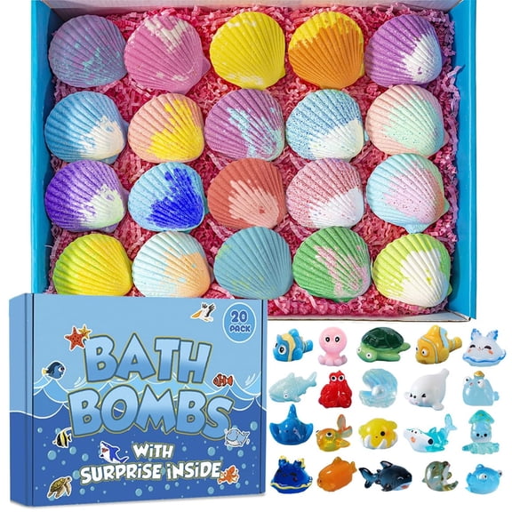 20pcs Natural Bath Bombs Box Set With Mega Bubbles & Surprise Toy Inside,Splash Surprise Bath Shells,Ocean Themed Bath Fizzies For Relaxation,Natural Bath Salt Skin-Friendly Bathing For Family Gifts