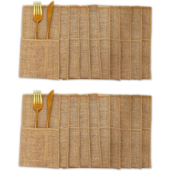 20pcs Natural Burlap Utensil Holder Pouch-Reusable Cutlery Pouch, Rustic Silverware Bags for Wedding, Thanksgiving & Christmas Table Setting