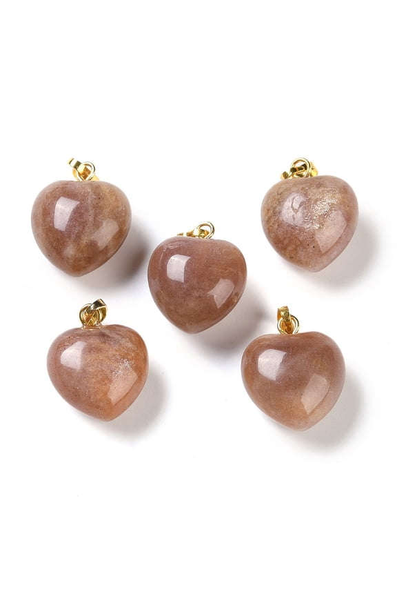 20pcs Natural Peach Moonstone Pendants Heart Charms with Brass Snap on Bails Golden 18x15.5x10mm Hole: 5x3mm for DIY