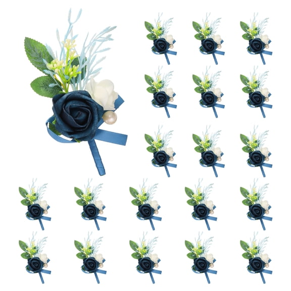 20pcs Navy Blue Boutonnieres for Men, Artificial Flower Pocket Corsage for Wedding Party