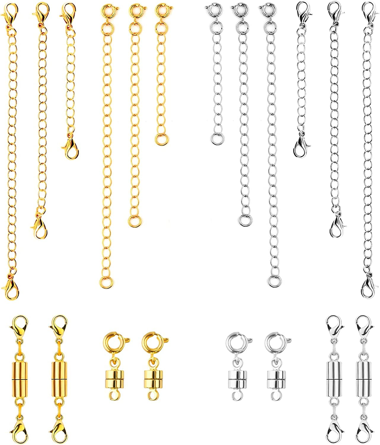 ZIEDIOP 20pcs Necklace Extender and Magnetic Jewelry Clasps, Multiple Sizes Necklace Chain Extenders Magnetic Clasp for Jewelry Making (Gold, Silver)