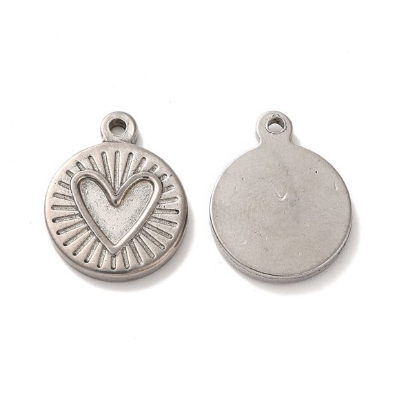 20pcs Non-Tarnish Valentine's Day 304 Stainless Steel Pendants Flat Round with Heart Charm Stainless Steel color 19x15x2.5mm Hole: 1.6mm