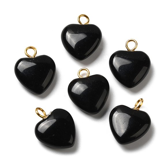 20pcs Obsidian Pendants Heart with Golden Brass Loops 15~15.5x12~12.5x4.5~5.5mm Hole: 2mm