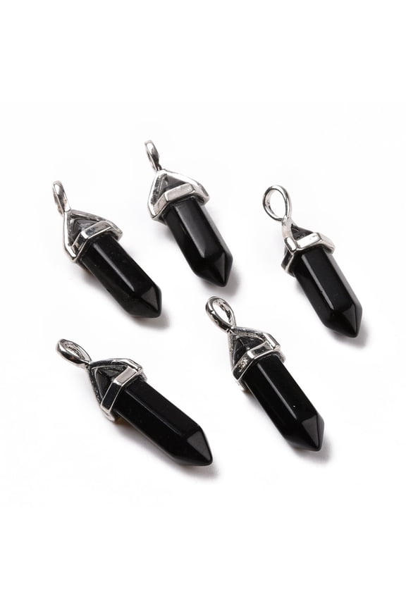20pcs Obsidian Pointed Pendants Faceted with Tone Brass Findings Lead free & Cadmium Free 27~30x9~10x7~8mm Hole: 4x3mm