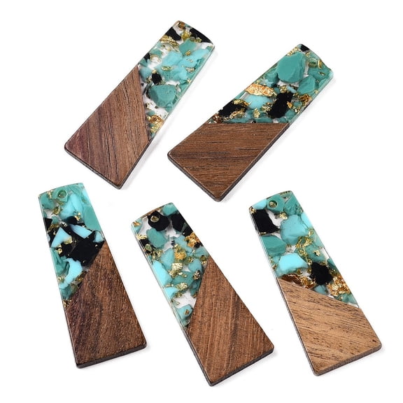 20pcs Opaque Resin & Walnut Wood Pendants with Glitter Powder Trapezoid Dark Turquoise 49x19x3.5mm Hole: 2mm
