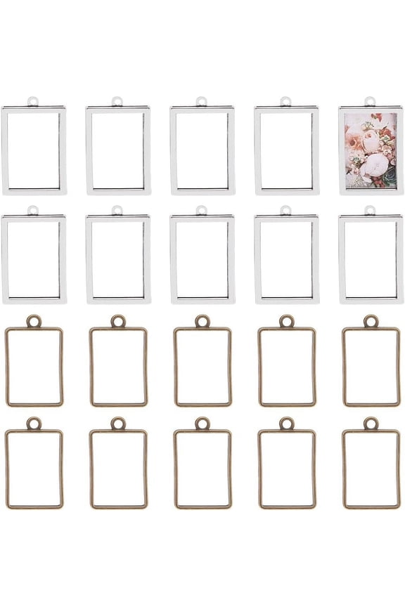 20pcs Open Bezel Photo Frame Pendant Rectangle Frame Hollow Charm for Display Picture Resin Crafts Jewelry Making - Bronze Silver for DIY