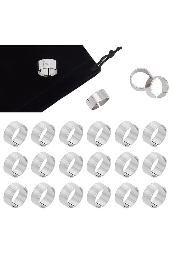 20pcs Open Cuff Finger Ring Titanium Steel Plain Band Wide Ring Adjustable Blank Band Ring Personalized Laser Inscription Blank Open Finger Ring with Velvet Pouche Making DIY