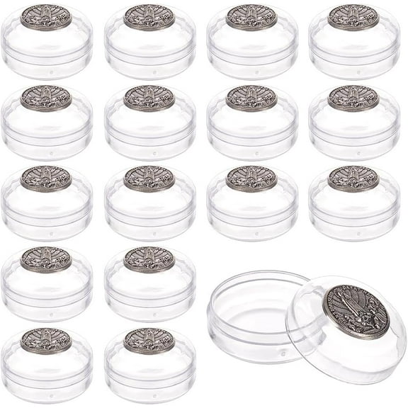 20pcs Ornament Round Storage Boxes Containers 1.24inch Round Transparent Plastics Display Boxes with Silver Metal Sheet for Rosary Beads Jewelry Storage