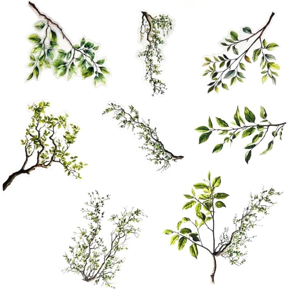 20pcs PET Transparent Clear Tree Branch Leaves Vinyl Decal Stickers, Green | Waterproof Tree Leaves Border Sticker Decals Bulk for Wall,Crafts, Envelopes, Scrapbooking, Cards, Water Bottles, Journali
