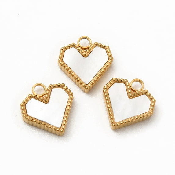 20pcs PVD Vacuum Plating 304 Stainless Steel Heart Charms with White Shell Golden 12x11x3mm Hole: 2mm