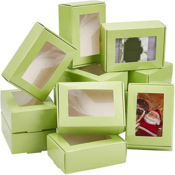 20pcs Paper Gift Boxes with Window 3.3x2.3x1.1in Packaging Box Samll Paper Donuts Box Green Gift Box Rectangle Bakery Box for Christmas New Year Thanksgiving Party Treat Cupcakes