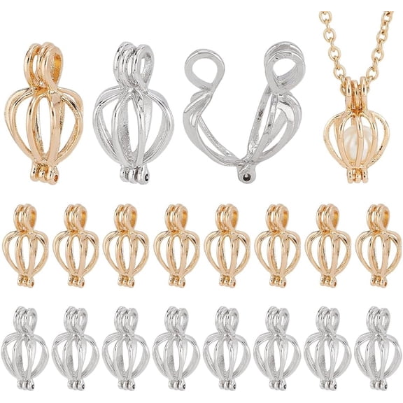 20pcs Pearl Cages Beads Holder Gemstone Cage Charm Hollow Cage Locker for 10mm Pearls Brass Cage Pendants for Necklace Earrings Jewellery Making 0.85x0.5x0.4 inch Platimun Golden Golden