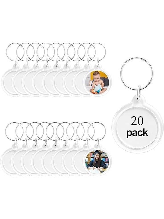 20pcs Pendant Picture Frame Keyrings, Clear Acrylic Photo Frame Keyring Holder, Make Your Own Personalized Keyring Kit, Round Blank Photo Insert Keychain for DIY Craft
