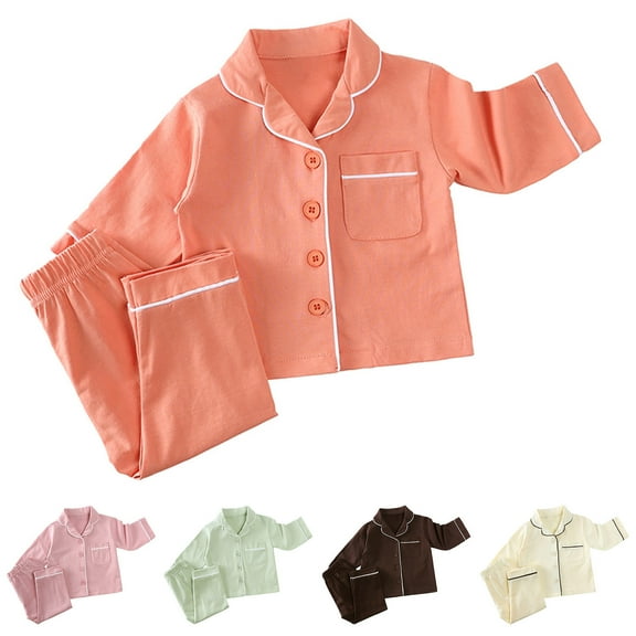 Ashirexll Boys and Girls Winter Pajamas Casual Solid Color Loungewear Long Sleeve Collared Button Top and Pants Set for 9 Months-5 Years​