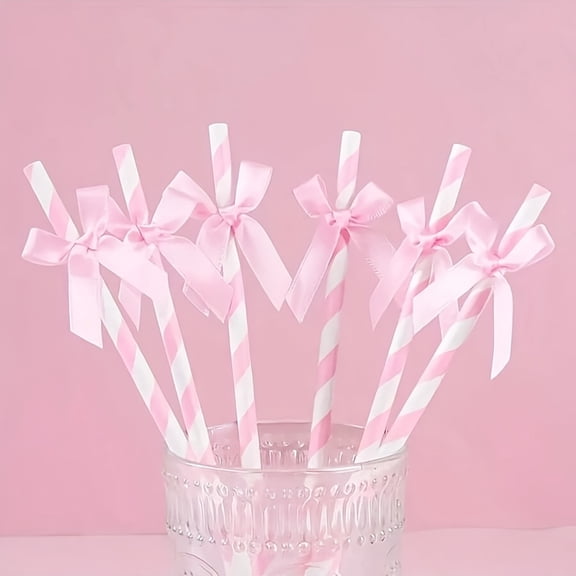 20pcs Pink Striped Bow with Ribbon Label Paper Drinking Straws - Disposable Suitable for Wedding Shower Party Decorations, Baby Showers, Bridal Party, Striped Theme Parties - for Drinking