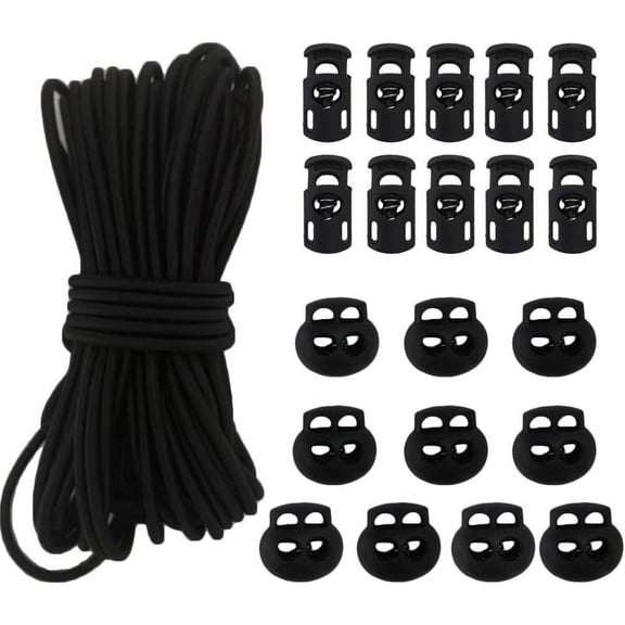 20pcs Plastic Cord Locks with 1/8-Inch 50ft Elastic Cord Heavy Stretch Round String, 10Pcs Sing-Hole, 10pcs Double-Hole Spring Toggle Stopper Slider Black (3mm-Black)