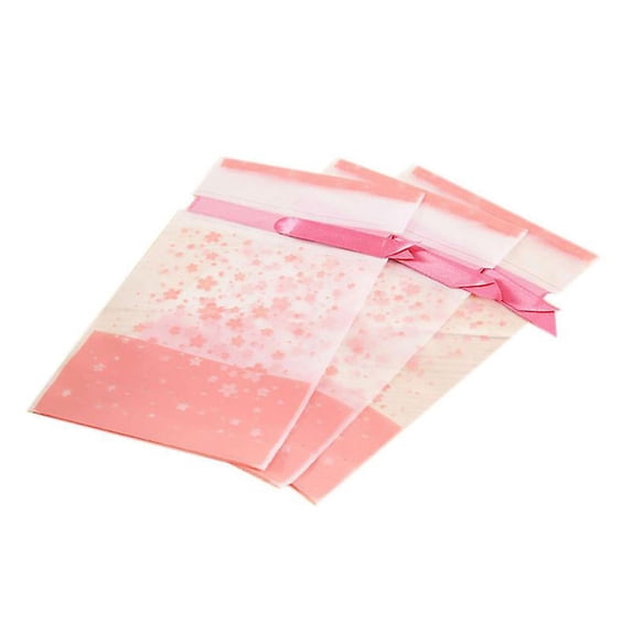 20pcs Plastic Flat Cello Treat Bags Pink Candy Packaging Bags Blushing Cherry Blossom Food Drawstring Bags With Ribbons