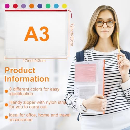 20pcs Plastic Mesh Zipper Pouch Bags, A3 17x12 Inches Extra Large Mesh Bags, Reusable Zipper Pouches for Classroom Office Supplies Organizing, Puzzles & Games, Board Game Organization