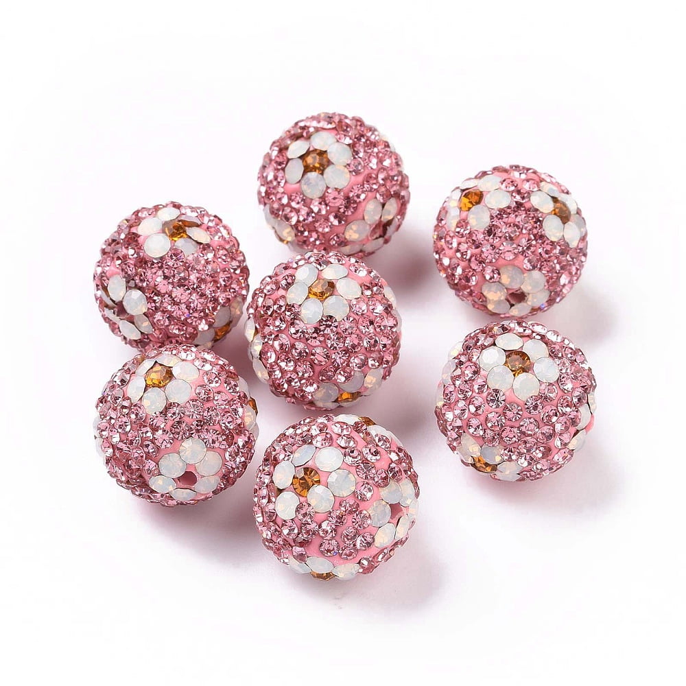 20pcs Polymer Clay Rhinestone Beads Pave Disco Ball Beads Round with Flower Light Rose 16mm Hole: 1.6~1.8mm