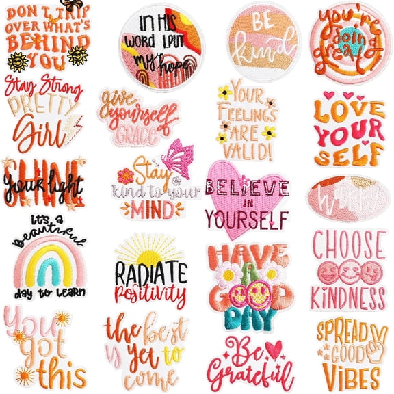 20pcs Positive Affirmations Iron on Patches, Pink Cute Teens Boho Positive Quotes Embroidered Girly Trucker Hat Sew on Applique Patches for Bags Clothes Jackets