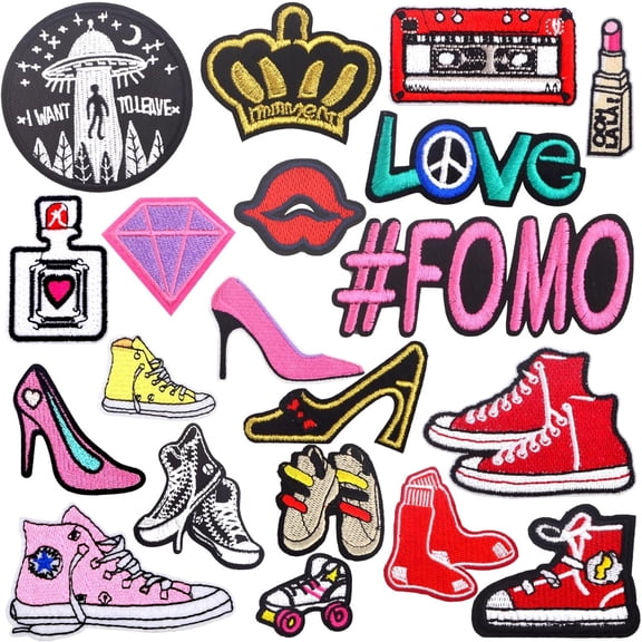 20pcs Pretty Embroidered Iron on Patches Lipstick Sexy Mouth High Heel Shoes Cosmetics Sew on Appliques Decorative Repair Patch for Women DIY Clothing Dress Bag Hat Craft