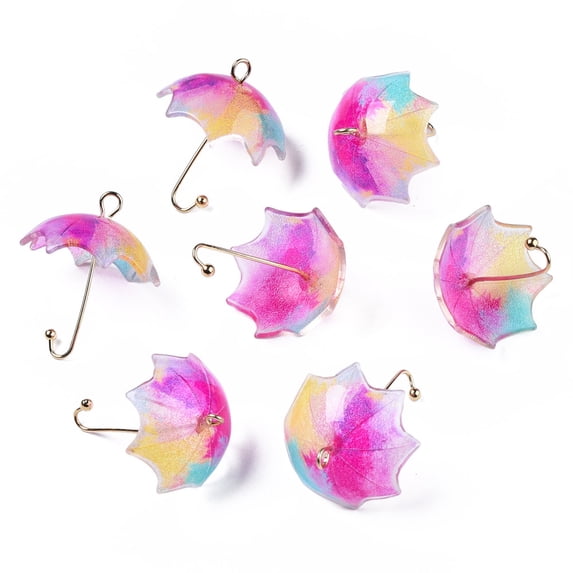 20pcs Printed Acrylic Pendants with Golden Plated Brass Findings 3D Umbrella with Flower Pattern Colorful 22~24x18x18mm Hole: 1.2~1.8mm