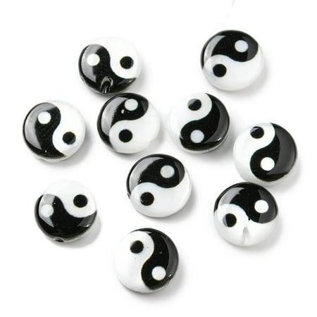 20pcs Printed Natural Freshwater Shell Beads Yin Yang Flat Round Beads Black 8x2.5~3mm Hole: 0.8mm