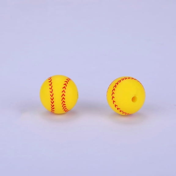 20pcs Printed Round with Baseball Pattern Silicone Focal Beads Yellow 15x15mm Hole: 2mm