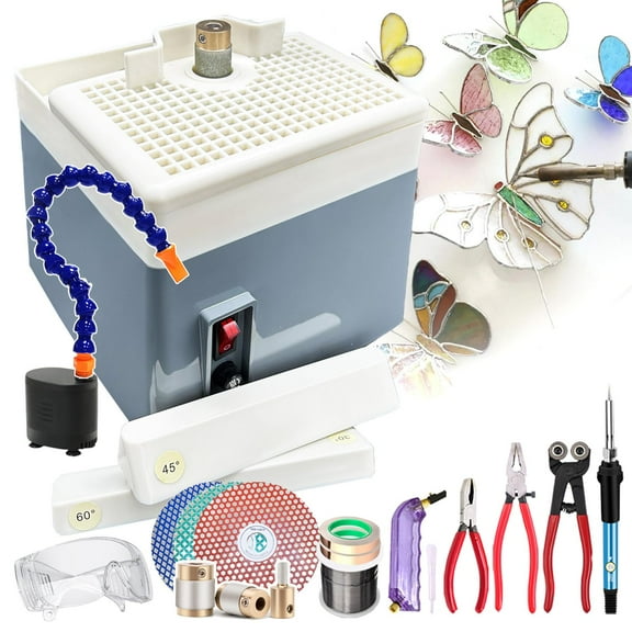20pcs Professional Stained Glass Grinding Kit,Stained Glass Grinder for 3 Grinding Bits&3 Grinding Discs&Angle Positioning Tool&Automatic Water Supply Set,for Multi-Angle & Curve Grinding