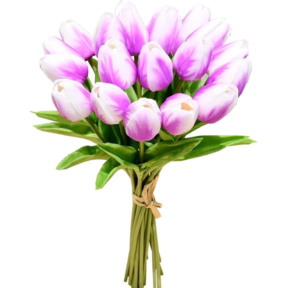 20pcs Purple Flame Flowers Artificial Tulip Silk Flowers 13.5" for Home Kitchen Wedding Decorations