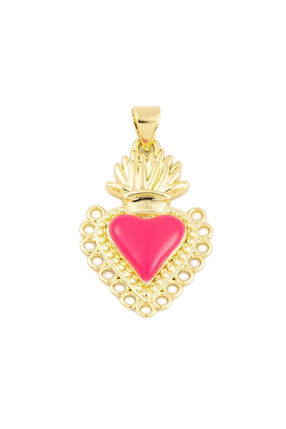 20pcs Rack Plating Brass Enamel Pendants Cadmium Free & Lead Free Long-Lasting golden Sacred Heart Charm Deep Pink 26.5x17x3.5mm Hole: 3.5x3mm
