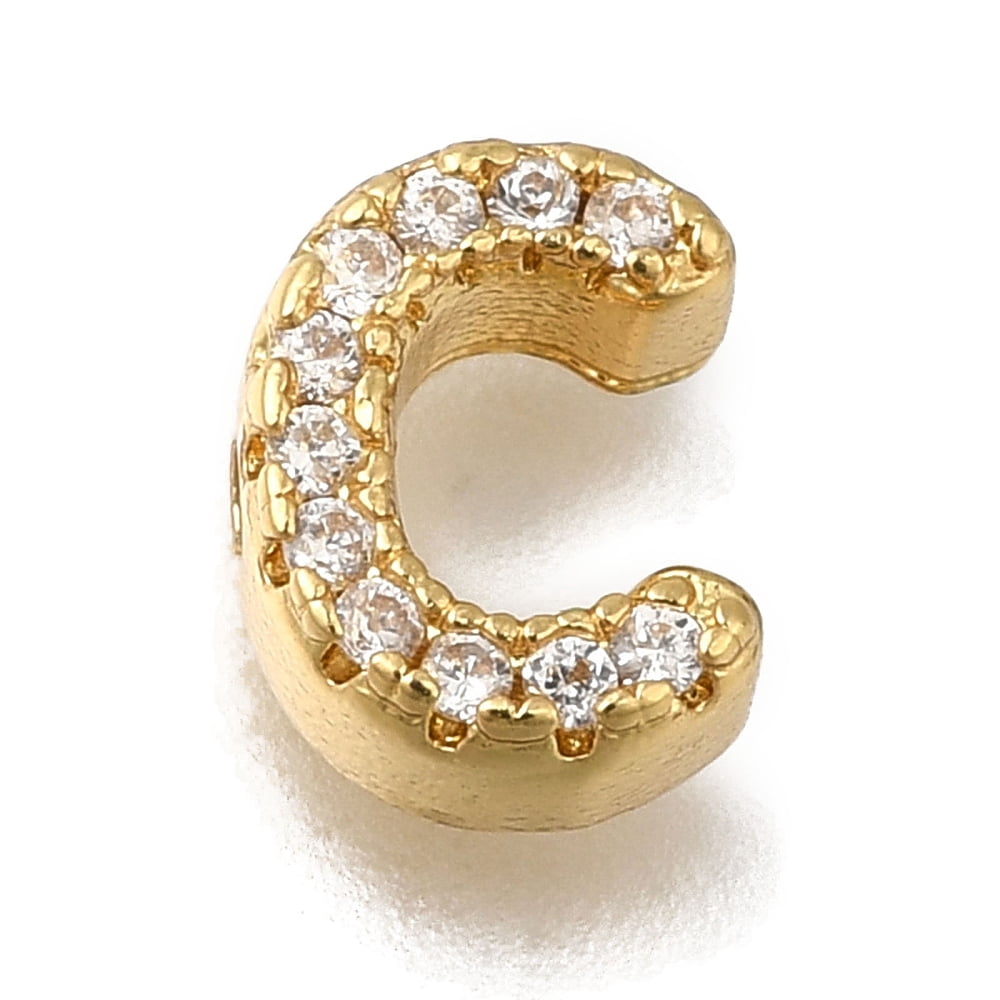 20pcs Rack Plating Brass Micro Pave Clear Cubic Zirconia Beads Long-Lasting Cadmium Free & Lead Free golden Letter C 8x6x3mm Hole: 0.8mm