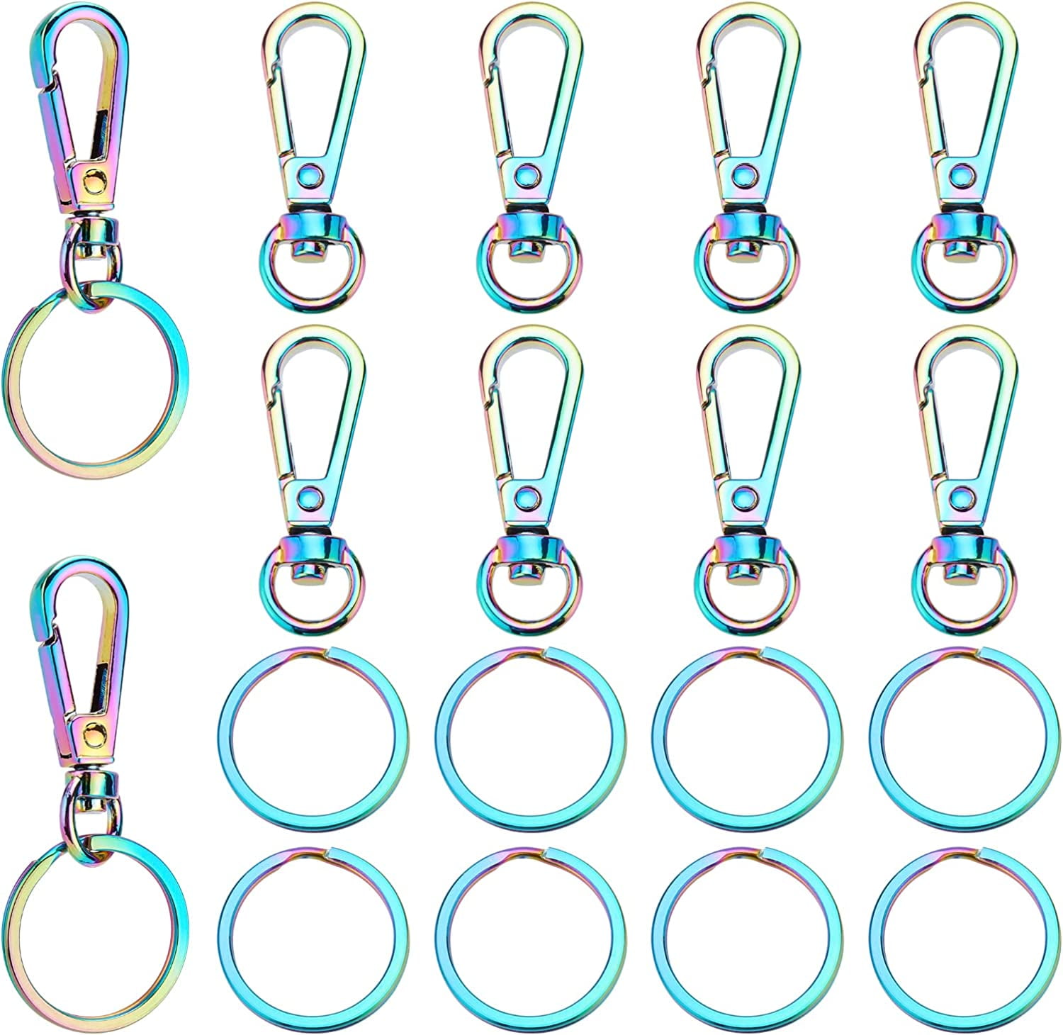 20pcs Rainbow Swivel Clasps Set 10pcs Metal 1.5 Trigger Snap Hooks Lanyard  Keychain Hook with 10pcs 25mm/0.98 Stainless Steel Flat Key Ring for