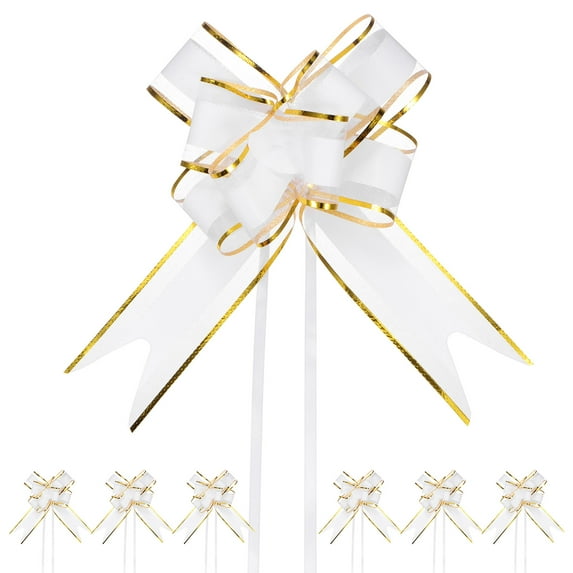 20pcs Ribbon Pull Bows 8 Inch Bows for Wedding Baskets Gold Edge, White