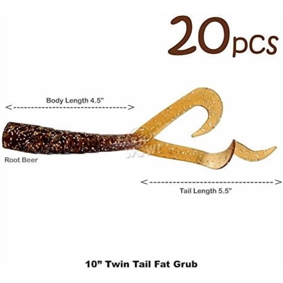 20pcs Root Beer 8 inch Twin Tail Perch Grub 10" (with Tail Extended) Scampi Soft Lure Come with a pre-Hole$$Sport & Recreation Other