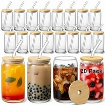 MY [ 20pcs Set ] Glass Cups with Bamboo Lids and Glass Straw - Beer Shaped 16 oz Iced Coffee Drinking Glasses, Cute Tumbler Cup for Smoothie, Boba Tea, Whiskey, Water