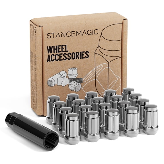 20pcs Spline Drive Lug Nuts 1/2x20 Threads - 1.4 inch Length, Closed End, Cone Acorn Taper Seat - Includes 1 Socket Key Tool - Compatible with Jeep Cherokee Wrangler Liberty and More - Chrome Silver