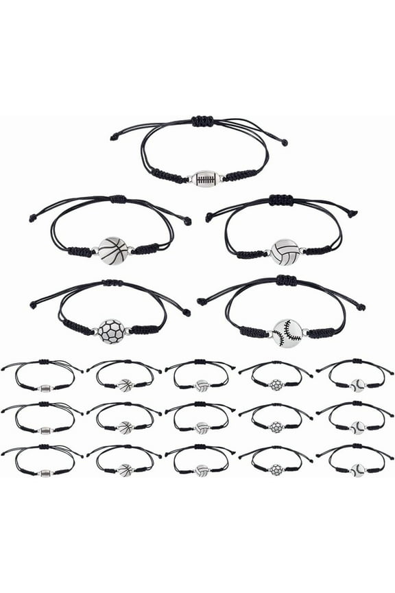 20pcs Sports Charm Bracelets 5 Styles Sport Theme Adjustable weave Rope Rugby Tennis Football Basketbal Volleyball Bracelets Ideal Souvenir Jewelry for DIY