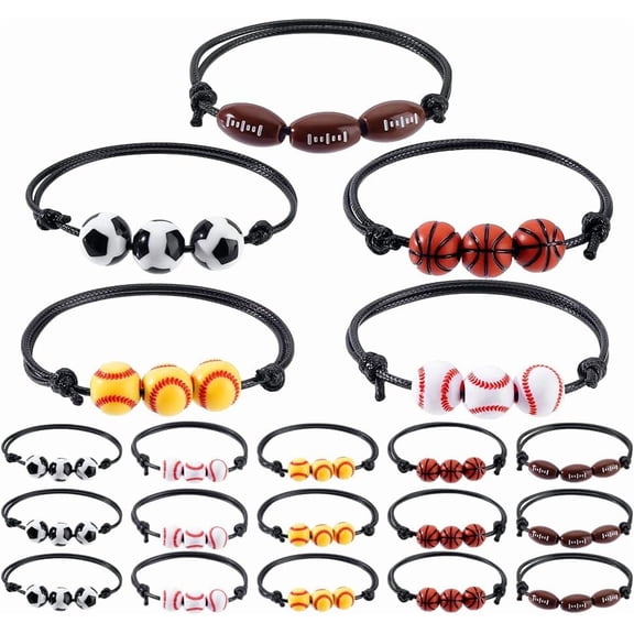 20pcs Sports Party Favors Charm Bracelets 5 Styles Sport Beads Ball Adjustable weave Rope Basketball Tennis Rugby Football Wristbands Inspirational for Party Favors Gift for Team for DIY
