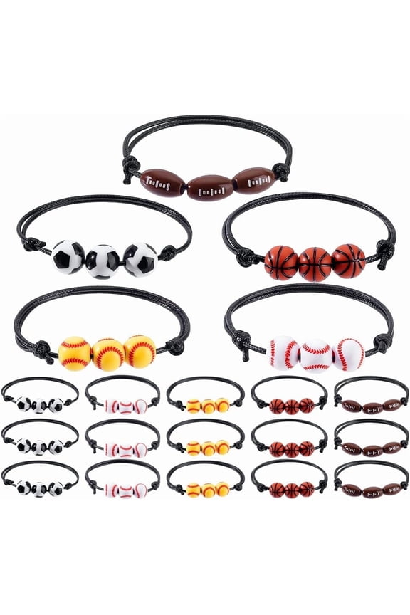 20pcs Sports Party Favors Charm Bracelets 5 Styles Sport Beads Ball Adjustable weave Rope Basketball Tennis Rugby Football Wristbands Inspirational for Party Favors Gift for Team Silver