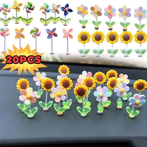 20pcs Spring Wobbly Flower Car Dashboard Ornament Interior Decor | Shaking Head Sunflower Car Dashboard Decorations, Dashboard Flowers Car Decor & Home Office Desk, Shape B, 10PC